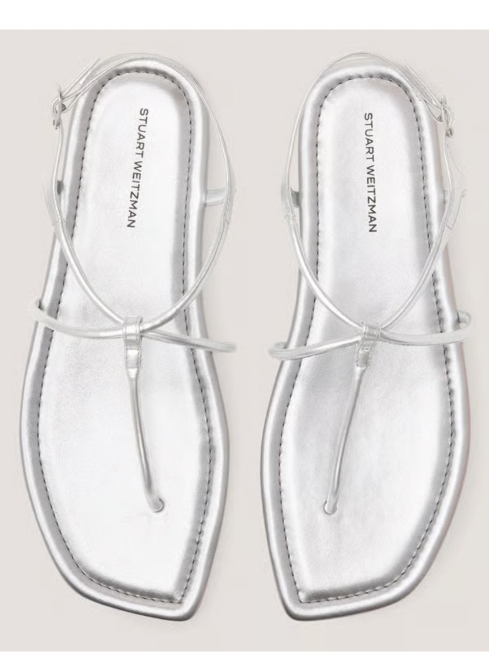 Stuart Weitzman Metallic Silver T-Strap Square-Toe Sandals